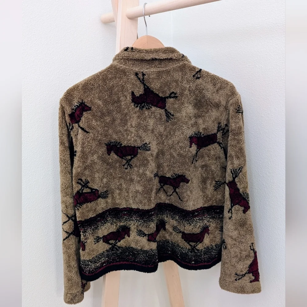 Vintage 90's Equestrian Collared Button Down Fleece Jacket In Tan/Black/Burgundy - Picture 11 of 11